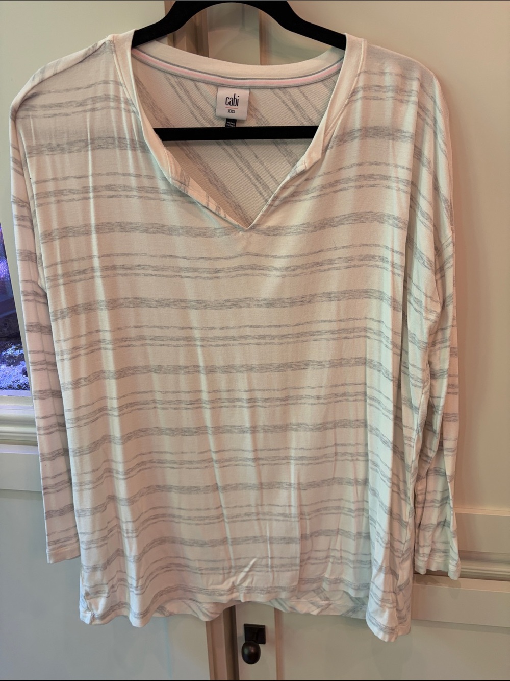 CAbi Cream and Light Gray Striped V-Neck Long Sleeve Top #5930
